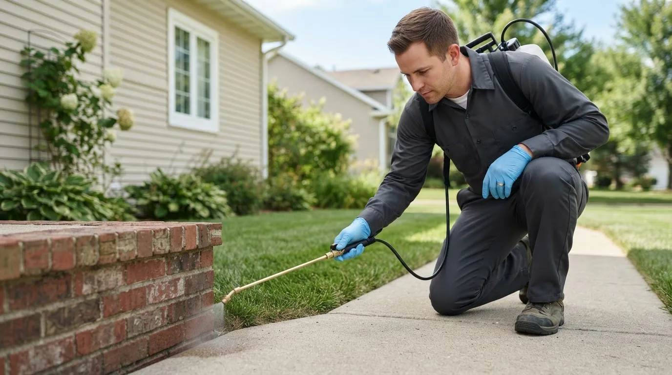 Pest control technician treating a home near Ottawa, KS